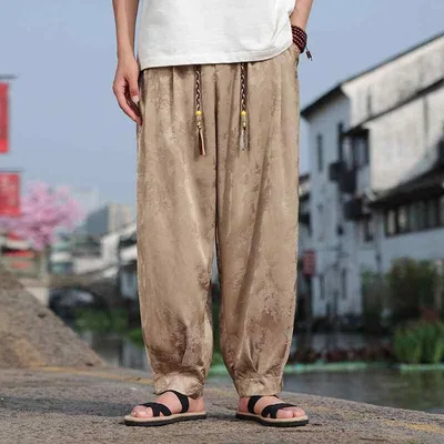 カジュアルパンツ メンズ 春夏 接触冷感 薄手 中国風 シャドー柄 ストレート 落ち感 ゆったり 大きいサイズ ポリエステル混紡 白 黒 カーキ ノンストレッチ