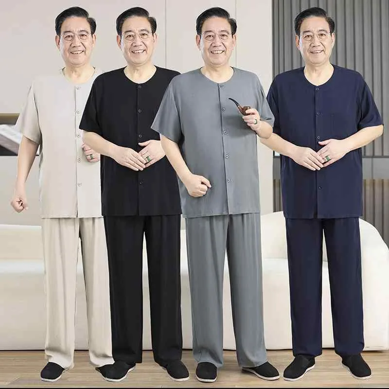 ルームウェア メンズ 中高年 男性用 シニア お父さん おじいちゃん パジャマ 半袖 長パンツ 上下セット 綿麻混 薄手 接触冷感 吸汗速乾 チャイナボタン 前開き 丸首 無地 部屋着 普段着 カジュアル 春夏