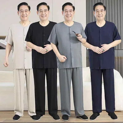 ルームウェア メンズ 中高年 男性用 シニア お父さん おじいちゃん パジャマ 半袖 長パンツ 上下セット 綿麻混 薄手 接触冷感 吸汗速乾 チャイナボタン 前開き 丸首 無地 部屋着 普段着 カジュアル 春夏