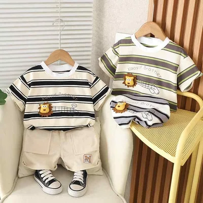 Kids Boys Short Sleeve T-Shirt Shorts Top and Bottom Set Korean Style Striped Character Cotton Blend Soft Thin Casual Summer Loungewear 2 Piece Set Children's Clothes 80cm 90cm 100cm 110cm 120cm