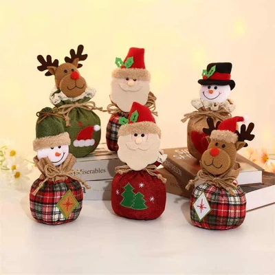 ギフトバッグ キッズ クリスマス 麻布 ジュート 布製 立体 キャラクター サンタ 雪だるま トナカイ チェック柄 スノーフレーク柄 りんご お菓子 プレゼント 巾着袋 収納袋 小物入れ