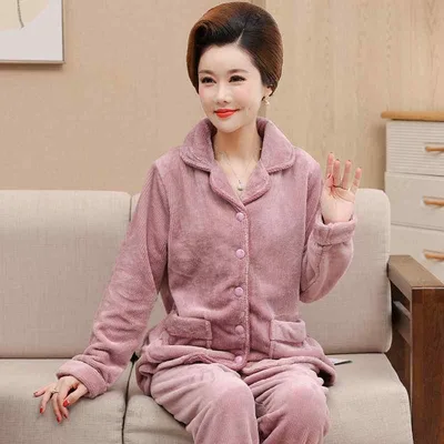 Women's Pajamas, Winter, Thermal, Warm, Coral Fleece, Filled, 3 Layer Thick, Fluffy, Top and Bottom Set, Large Size, Loose, Mrs, Mom, Loungewear, Comfortable, Elegant, Polyester