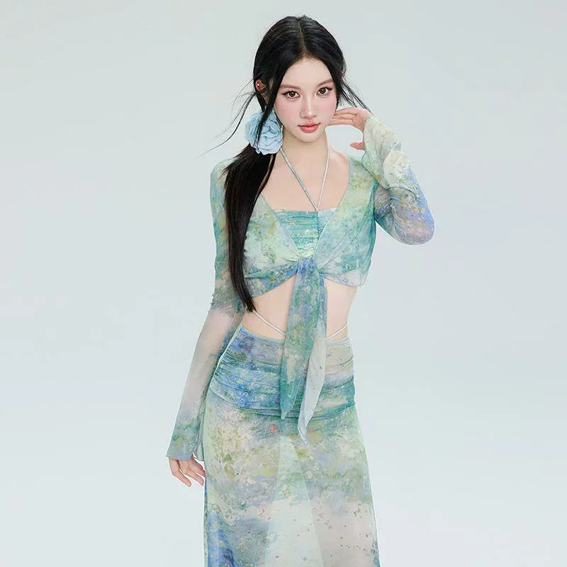 水着 レディース 4点セット ビキニ セパレート 体型カバー ロング丈スカート 長袖 ハイウエスト 花柄 パッド付き ノンワイヤー ビーチ 温泉 プール リゾート 純欲セクシー