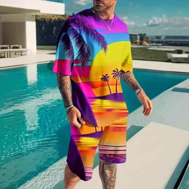 セットアップ メンズ スポーツ カジュアル デジタルプリント 半袖 Tシャツ ショートパンツ ツーピース 綿混 ポリエステル 軽量 夏用 ルームウェア