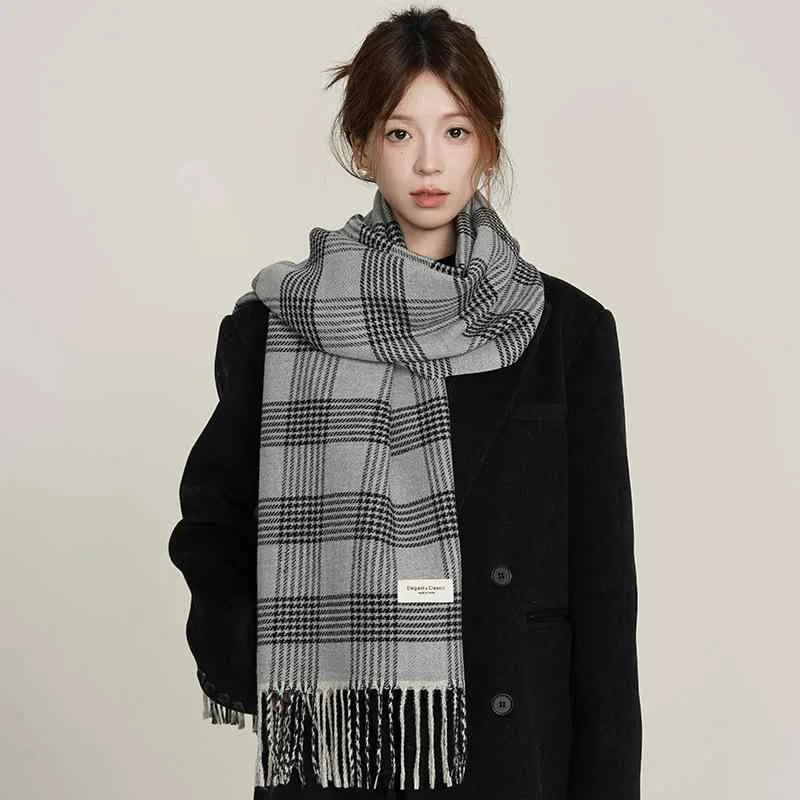 マフラー レディース 防寒 保温 千鳥格子 フリンジ付き リバーシブル ニット 韓国風 コート用 カップル ペア 学生 着回し 万能 秋冬 ミドル丈 ポリエステル ストール