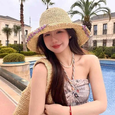 麦わら帽子 レディース 春夏 UVカット 折りたたみ 遮光 つば広 ストローハット バケットハット 日よけ帽子 通気性 透かし編み 花モチーフ ナチュラル リゾート ビーチ アウトドア