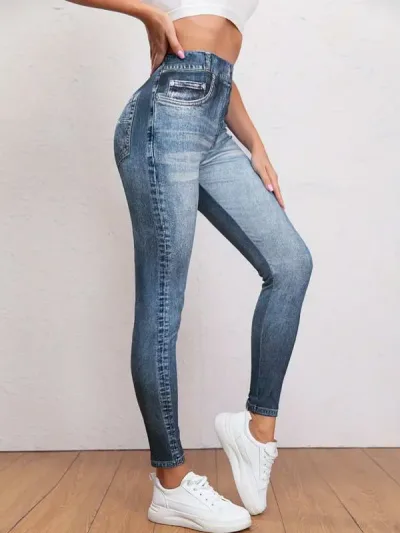 Women's Leggings, Denim Style, Stretchy, Correction, Beautiful Legs, High Waist, Yoga Pants, Sportswear, Breathable, Sweat Absorbent, Quick Drying, Loungewear