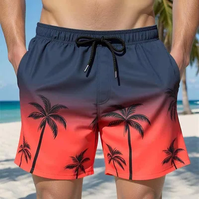 ショートパンツ メンズ 水陸両用 速乾 インナー付き ダブルレイヤー ビーチパンツ ハーフパンツ 海パン 海水パンツ スイムウェア 水着 無地 ココナッツツリー プリント おしゃれ カジュアル リゾート 旅行 旅行用 部屋着 ネイビー レッド