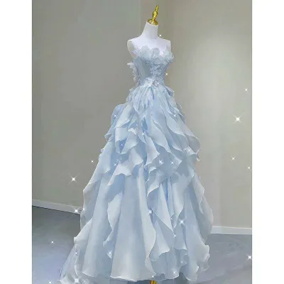 ドレス レディース ロング ワンピース パーティードレス ブルー ビスチェ チュール aライン ハイウエスト 背中ファスナー お呼ばれ フォーマル 演奏会 発表会 結婚式 二次会 謝恩会