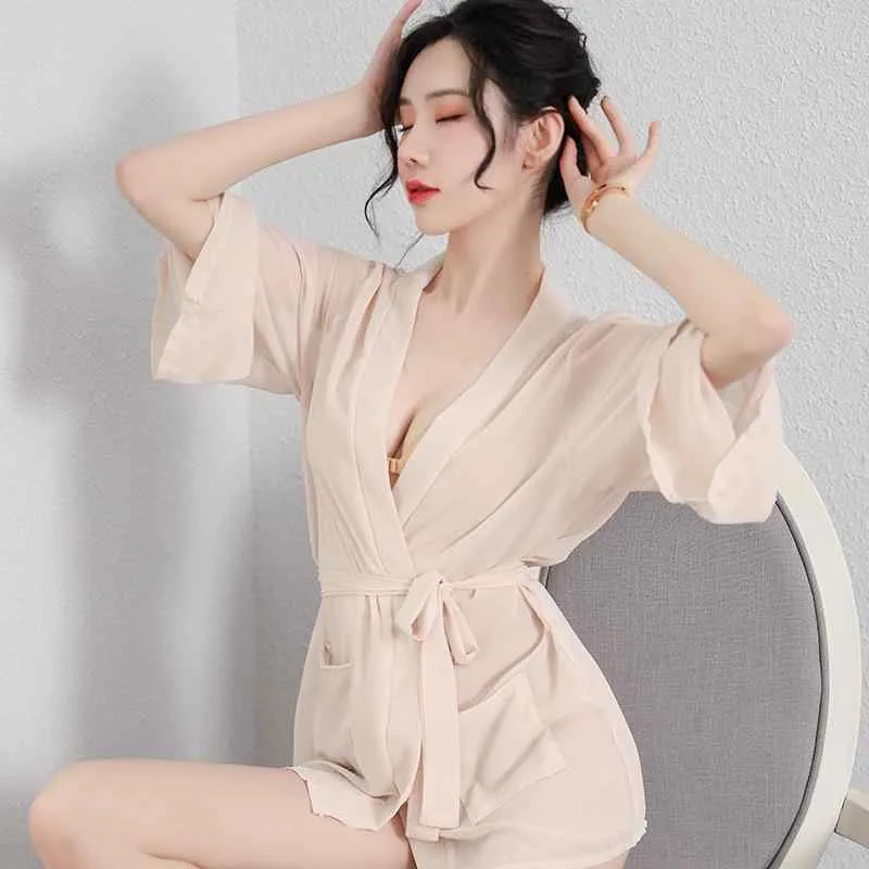 ベビードール レディース セクシー ランジェリー シースルー ナイトウェア ガウン セット 透け感 シフォン 浴衣風 ハーフスリーブ Tバック キャミソール ルームウェア 部屋着 ブラック