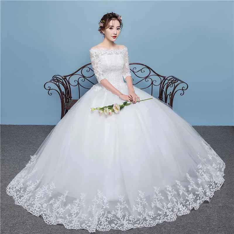 ウェディングドレス レディース ロング丈 ボートネック 五分袖 体型カバー Aライン 大きいサイズ 白 レース 結婚式 花嫁 二次会 ドレス プリンセスライン シンプル エレガント クラシック