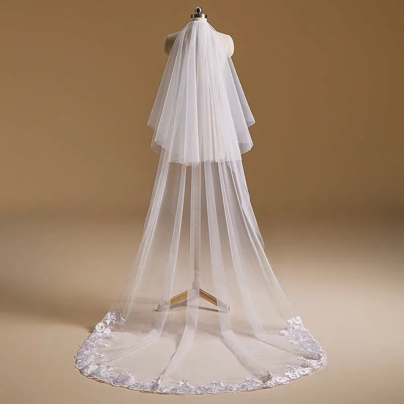 ウェディングベール レディース 2段 ロング ベールアップ 2メートル 豪華 レース 刺繍 コーム付き 結婚式 挙式 披露宴 前撮り 花嫁 ホワイト