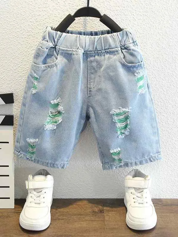 パンツ キッズ 男の子 ハーフパンツ デニム ダメージ加工 5分丈 夏 薄手 コットン ジーパン ベビー ウエストゴム カジュアル ブルー