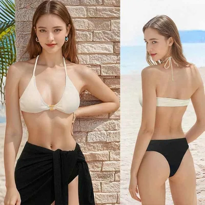 ビキニ レディース 水着 三件セット ノンワイヤー パッド付き 接触冷感 高弾力 セクシー スリーピース バックシャンスタイル ビーチ 海 プール リゾート ベージュ