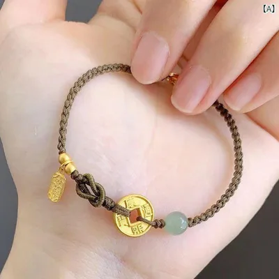 ブレスレット レディース 編み込み ロープ ペア ブレスレット 平安扣 チャーム お守り ゴールド プレート エスニック風 レトロ レッド 赤 アジアン アクセサリー プレゼント