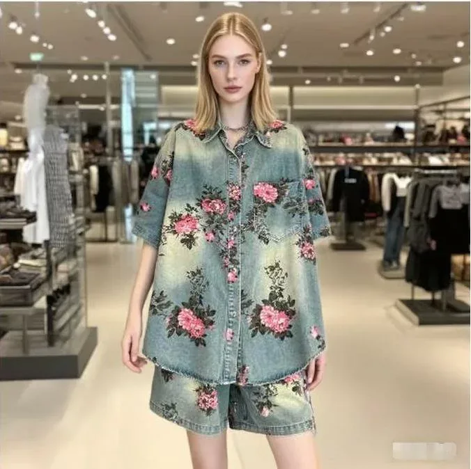 セットアップ レディース デニム風 長袖 シャツ ショートパンツ レトロ カジュアル 欧米風 プリント 5分丈パンツ 部屋着 通勤