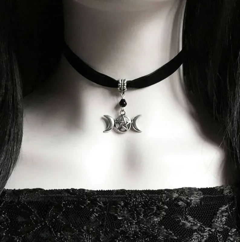 ネックレス レディース チョーカー 天獄系 ゴスロリ 暗黒系 ベロア ハート ベルベット レトロ 六芒星 月 アクセサリー ハロウィン