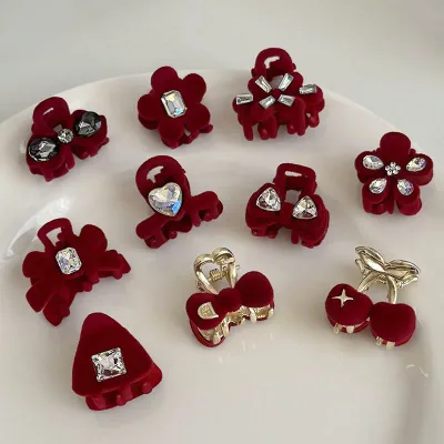 Hair clip for ladies, mini clip, hair clip, hair ornament, side clip, velvet, red, cute, ribbon, bowknot, hair accessory, set of 2, bangs clip, hair tied up