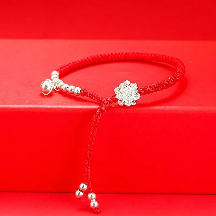 ブレスレット レディース シルバー999 蓮の花 鈴付き 赤い糸 編み込み ハンドメイド アンクレット シンプル 金属アレルギー対応 かわいい 上品