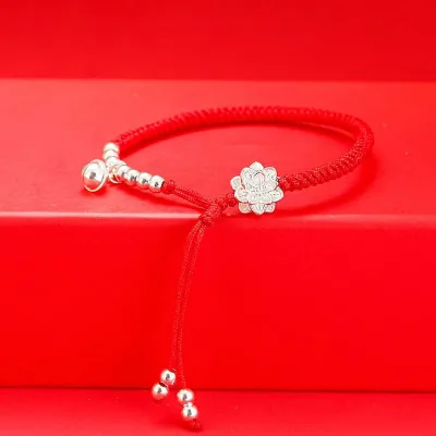 ブレスレット レディース シルバー999 蓮の花 鈴付き 赤い糸 編み込み ハンドメイド アンクレット シンプル 金属アレルギー対応 かわいい 上品