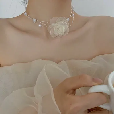ネックレス レディース チョーカー 山茶花 モチーフ レース パール 調 ビーズ 2連 アジャスター付き 華奢 細め アクセサリー カジュアル デイリー パーティー フォーマル ブラック ベージュ 首飾り