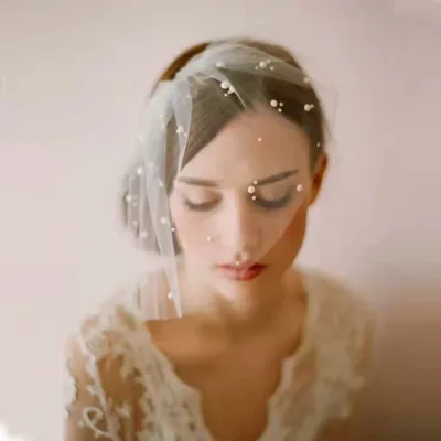 ヘッドドレス レディース ショートベール ウェディングベール パール 髪飾り 結婚式 ブライダル 二次会 レトロ シフォン レース ホワイト アイボリー