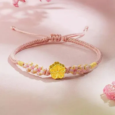 ブレスレット レディース メンズ ペア 和田玉 桃の花 ゴールド ビーズ 編み込みコード ラッキーアイテム 民族風 配色 赤い紐 お揃い アクセサリー