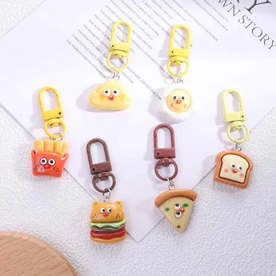 キーホルダー 食品サンプル かわいい 表情付き フェイクフード 目玉焼き トースト チーズ ハンバーガー ポテト ピザ ミニチュア チャーム バッグチャーム 鍵 通学 通勤 おもしろ 雑貨 樹脂製