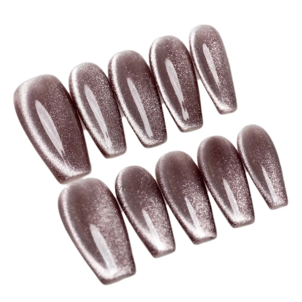 手作り ネイルチップ ミディアム ロング バレリーナ つけ爪 コフィン 灰色 キャットアイ 10枚入 Sun&Beam Nails