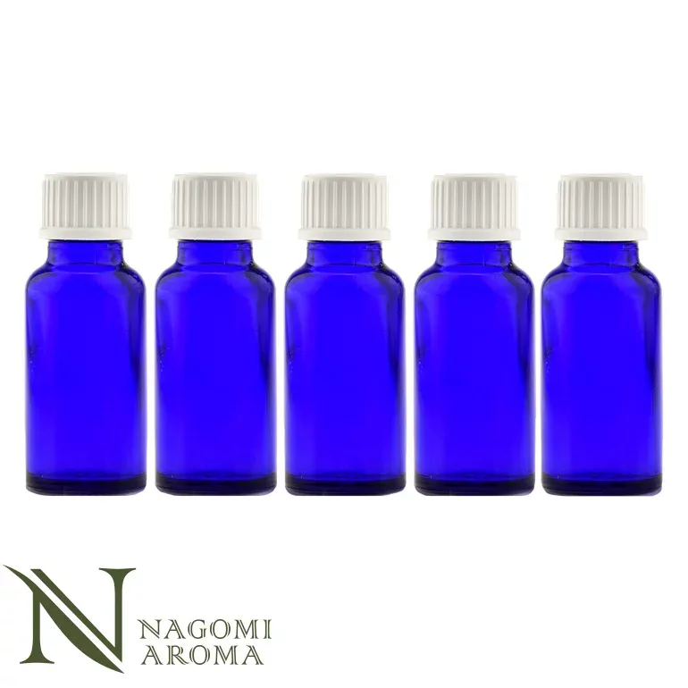 遮光ビン 20ml(ブルー) 5本セット 白キャップ&ヴァーティカルドロッパー 【 遮光瓶 ガラス瓶 薬瓶 保存 アロマオイル エッセンシャルオイル 精油 キャリアオイル 香水 手作り コスメ ハンドメイド 蓋付 コバルト 】