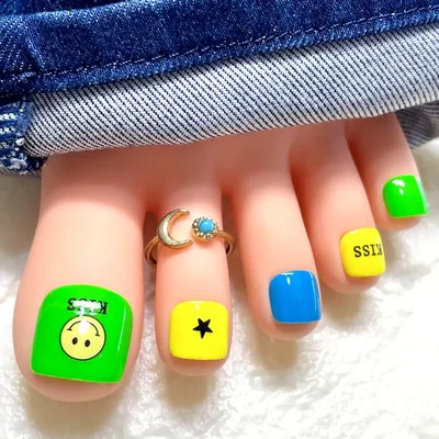 スマイルフットネイル☆強力両面テープ1回分・付け方ガイド付ビタミンカラー/ミックス/ぱっきり/派手/ネオン/ポップ/ニコちゃん/かわいい/キュート/サマー/夏/ネイリスト作成/ハンドメイド/サンダル/足用付け爪/つけ爪/親指用+14本セット/ペディー/ペディキュア