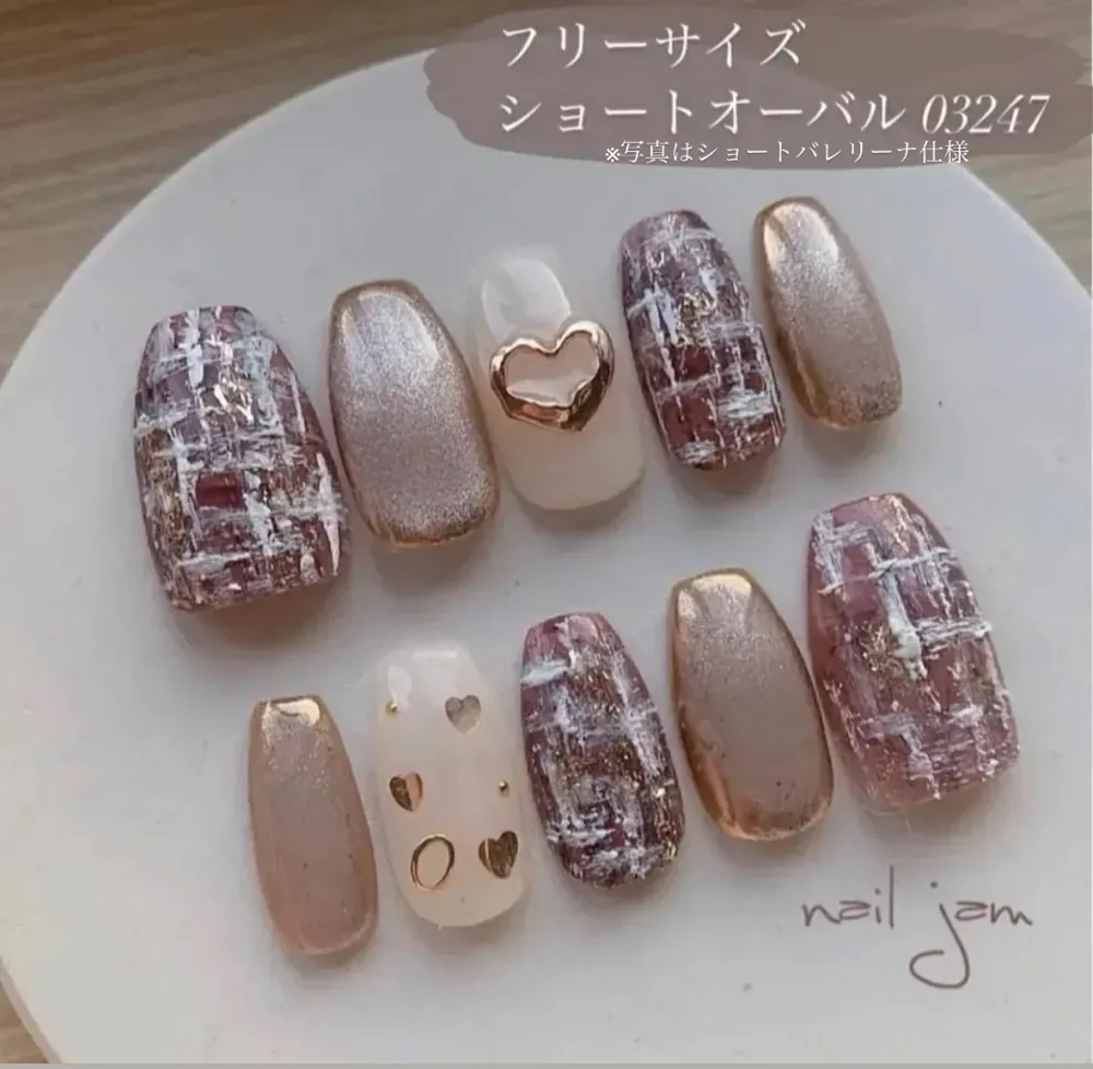 \ 即日発送 / ネイルチップ フリーサイズ くすみピンクツイードネイル ショートオーバル ブライダル 前撮り 結婚式 成人式 ネイル 付け爪 ネイルジャム nail jam (No.038)