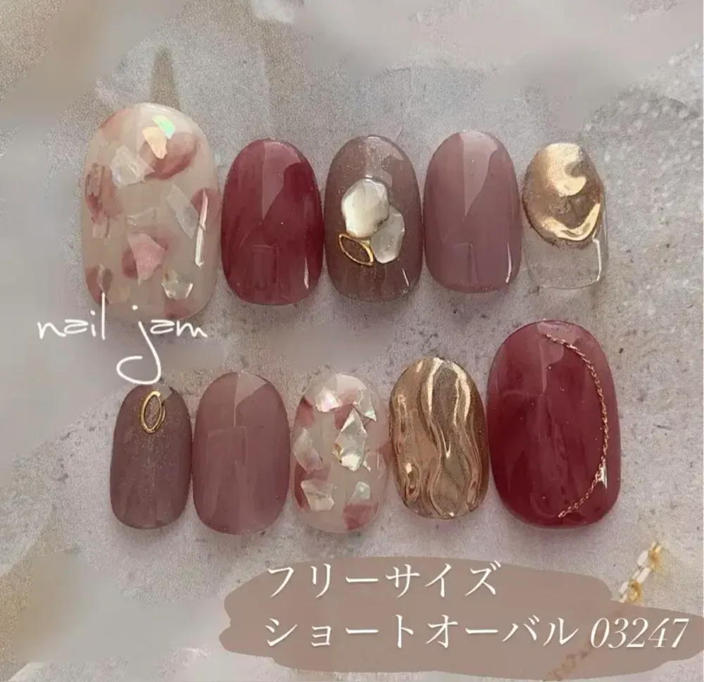 \ 即日発送 / ネイルチップ フリーサイズ きらめくシェルのくすみネイル ショートオーバル ブライダル 前撮り 結婚式 成人式 ネイル 付け爪 ネイルジャム nail jam (No.049)