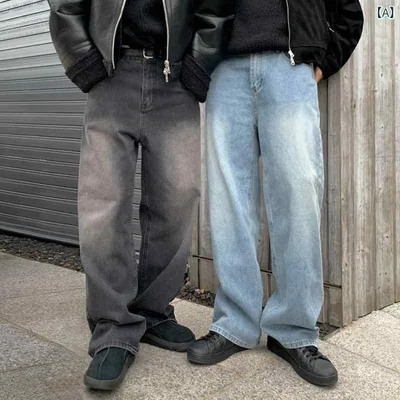 デニムパンツ メンズ ウォッシュ加工 ストレートシルエット 秋冬 カジュアル 普段使い きれいめ ロングパンツ 韓国ファッション トレンド コットン ブラック ブルー