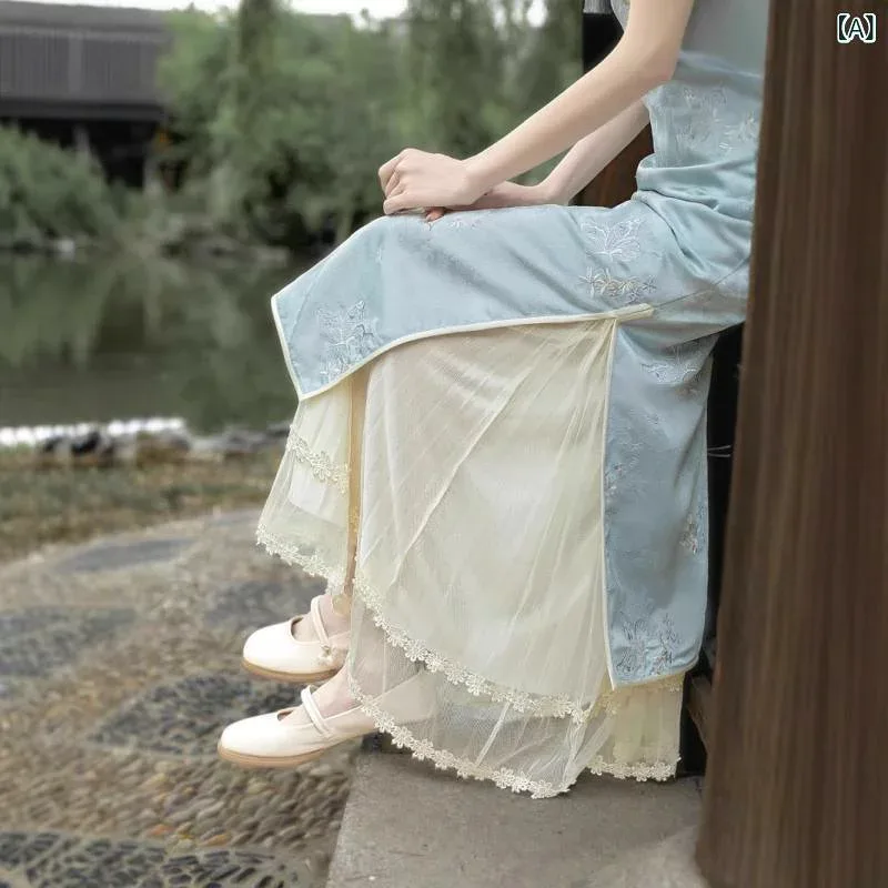 インナースカート レース ペチコート 漢服 馬面裙 チャイナドレス 透け防止 静電気防止 ロング丈 シアー 切り替え プリーツ アプリコット レトロ クラシック