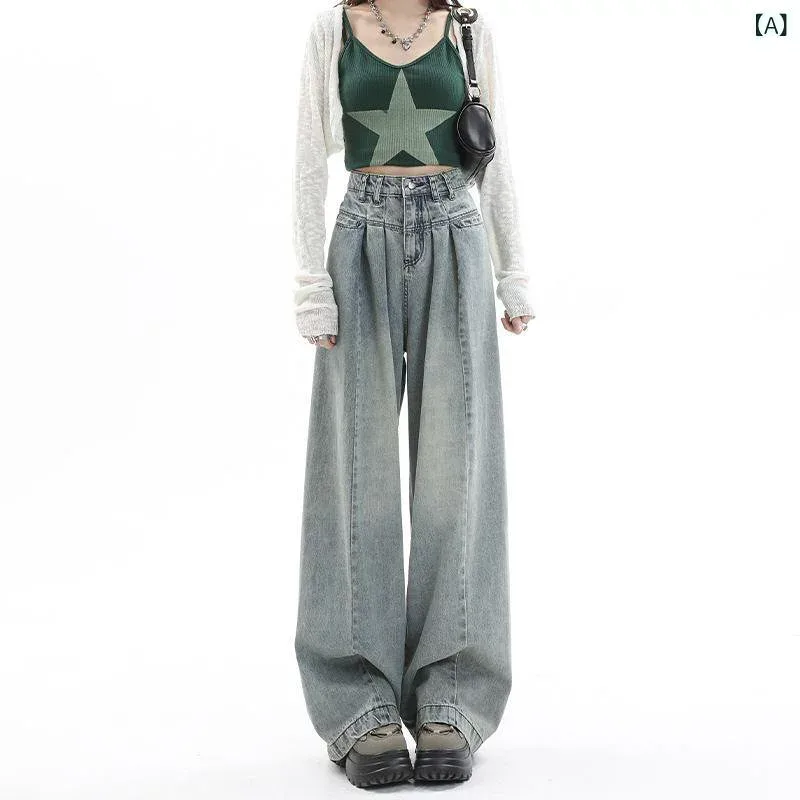 レディース 牛仔パンツ デニムパンツ 春夏 ハイウエスト 直筒 ワイドレッグ ロング丈 拖地 復古 デザイン性 垂感 軽量 綿素材 中厚手 做旧加工 無弾性 快適 ストリート カジュアル 普段使い 小柄対応 ゆるシルエット