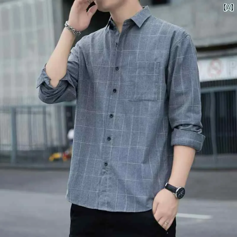 Long sleeve open sleeve men's youth tops shirt, Korean version, plaid pattern, cotton blend, polyester, polyester blend, long sleeve, wide silhouette, loose, pockets, spring/autumn, spring/summer, fall/winter, casual, everyday use, gray, black
