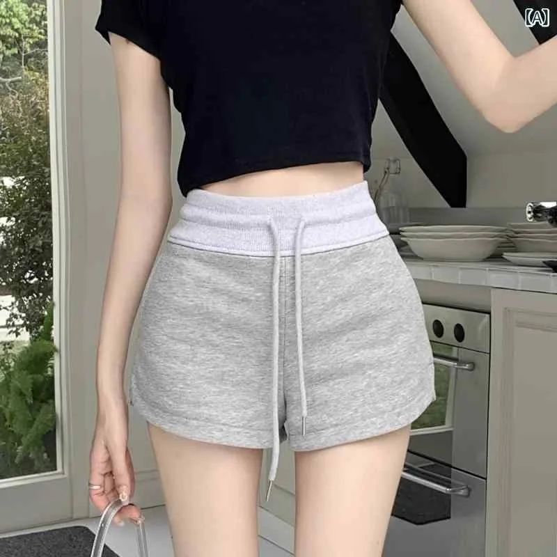レディース ショートパンツ 熱パンツ ハーフパンツ 女性用 夏用 高腰 直筒 ワイドレッグ 三分丈 薄手 ポリエステル ポリエステル混 微弾性 ポケット付き 切り替え グレー ブラック 灰色 黒 快適 休闲 普段使い 通勤 カジュアル かわいい 爽やか