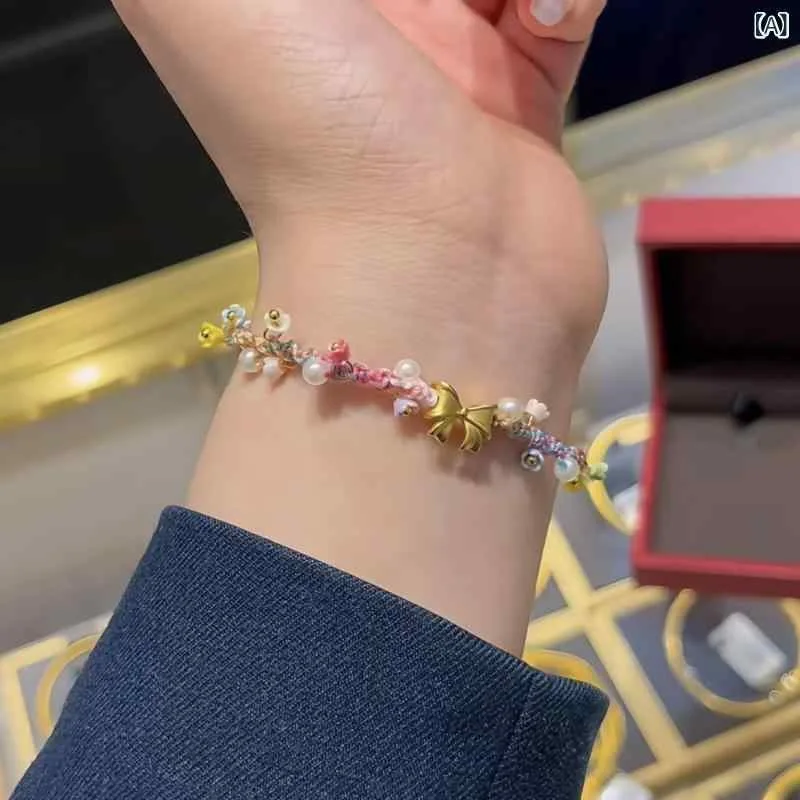ブレスレット 男女兼用 ハンドメイド 五色紐 カラフル 花 蝶結び 手編み 細め 和風 お守り アジアンテイスト アクセサリー