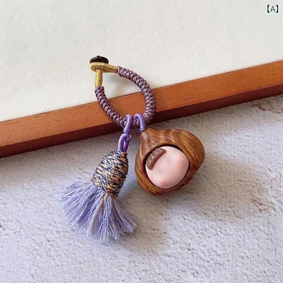 Keychain Women's Men's Key Ring Strap Wooden Hand Carved Cute Chestnut Garlic Lotus Fish Motif Retro Chinese Style Mobile Strap Bag Charm