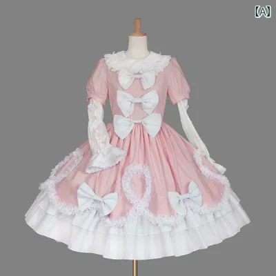 ワンピース レディース ロリータ ゴシック 半袖 長袖 切り替え 襟付き 宮廷風 コスプレ コスチューム 衣装 綿 ピンク かわいい