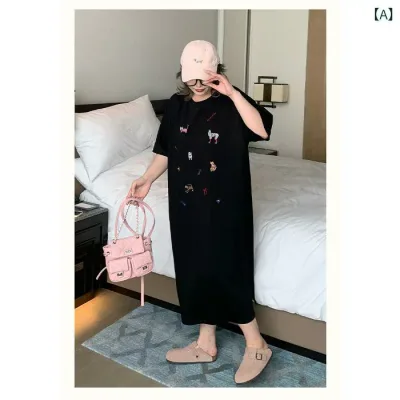 ワンピース レディース 春夏 ゆったり 大きいサイズ 半袖 ロング丈 丸首 かわいい プリント 楽ちん 部屋着 マタニティ ルームウェア Aライン