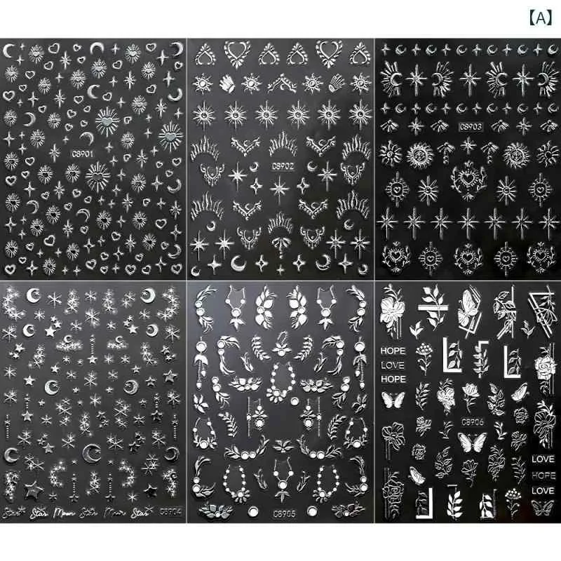 ネイルステッカー レディース 貼るだけ セルフネイル 極薄 箔押し 星 月 花 抽象 アート デザイン ジェルネイルシール ゴールド シルバー メタリック 簡単