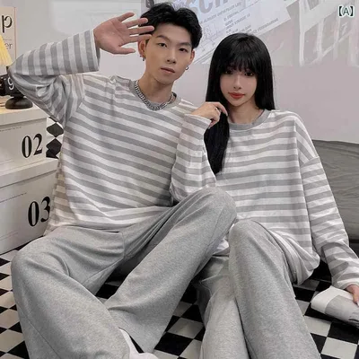 Pajamas Pair Roomwear Women's Men's Long Sleeves Long Pants Spring/Autumn Loungewear Striped Pattern Collar Open Front Loose Large Size Nightwear Casual