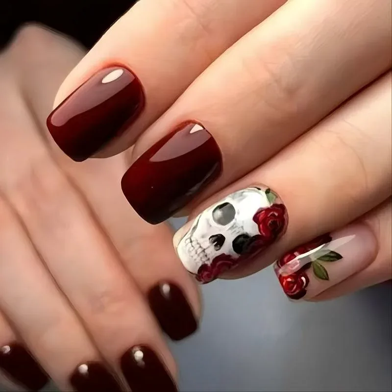 ネイルチップ レディース つけ爪 ハロウィン チェリーレッド ワインレッド スカル ドクロ 薔薇 ローズ スクエア 個性的 かわいい おしゃれ ファッション ネイルシール パーティー イベント