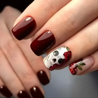 ネイルチップ レディース つけ爪 ハロウィン チェリーレッド ワインレッド スカル ドクロ 薔薇 ローズ スクエア 個性的 かわいい おしゃれ ファッション ネイルシール パーティー イベント