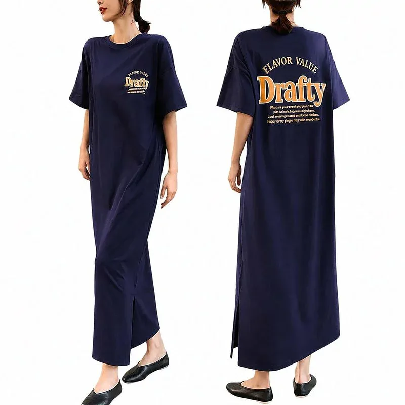 ロングワンピース レディース 半袖 Tシャツワンピース バックプリント スリット マキシ丈 大きいサイズ 体型カバー 着痩せ クルーネック ゆったり カジュアル ルームウェア
