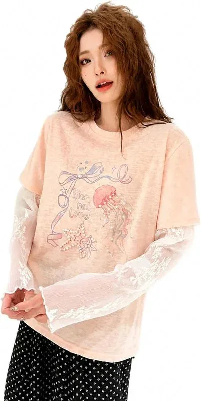 レイヤード風 Tシャツ レディース シアー袖 カットソー クラゲ柄 ビーズ飾り 丸首 トップス ゆったり カジュアル 重ね着風 お洒落 可愛い 春夏秋 通学 ピンク色