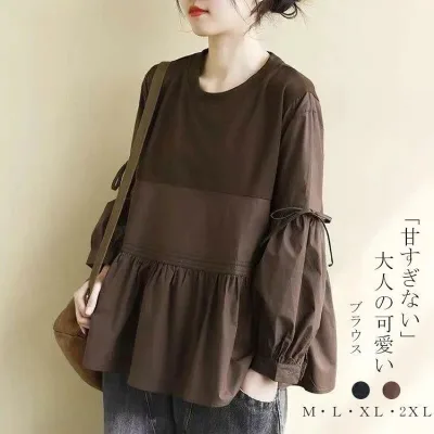 長袖 フレア tシャツ プルオーバー シャツブラウス ギャザー トップス 切り替え ブラウス 春夏 レディース ギャザーブ