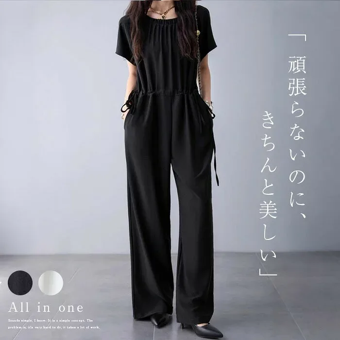 オールインワン レディース サロペット きれいめ カジュアル 夏 パンツ つなぎ おしゃれ ワンピ サロペ 涼しい 体型カバー ワイド ロング 可愛い 半袖 袖あり オーバーオール サロペットパンツ ボトムス ゆったり ブラック
